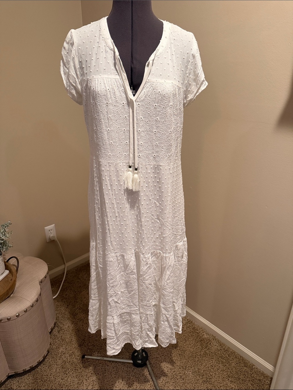 White Tassel-Front Boho Midi Dress - Women's